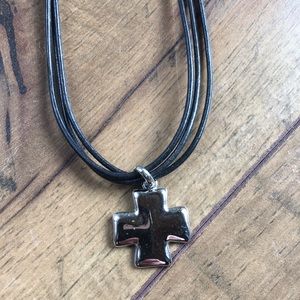 Triple strand Leather + Cross necklace